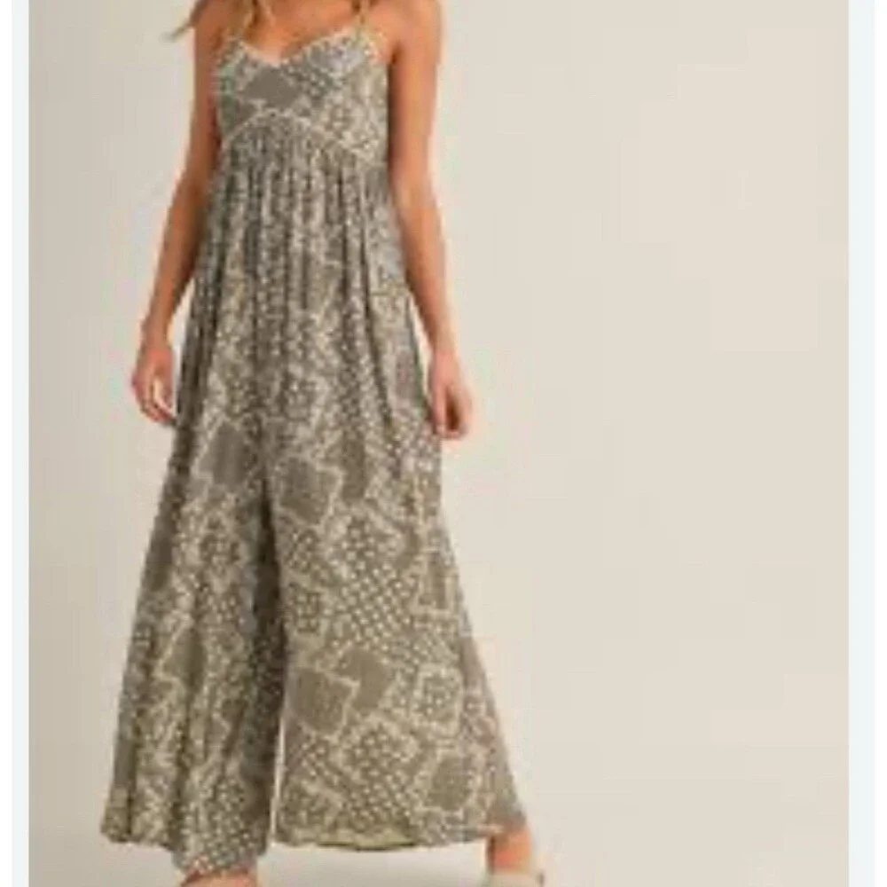 Klesis Printed Sleeveless Jumpsuit Boho Olive Hippie Sz M Wide Relaxed Fit - Picture 5 of 12